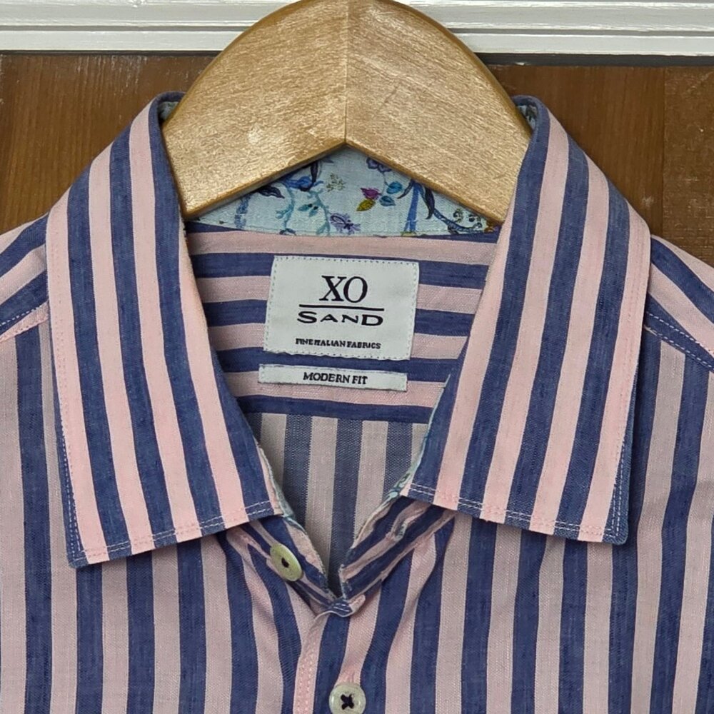 SAND Pink/Blue Linen Blend Stripe Eu42 16.5 slim Large